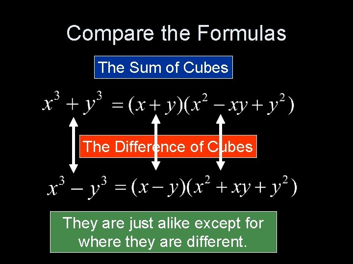 Compare the Formulas The Sum of Cubes The Difference of Cubes They are just