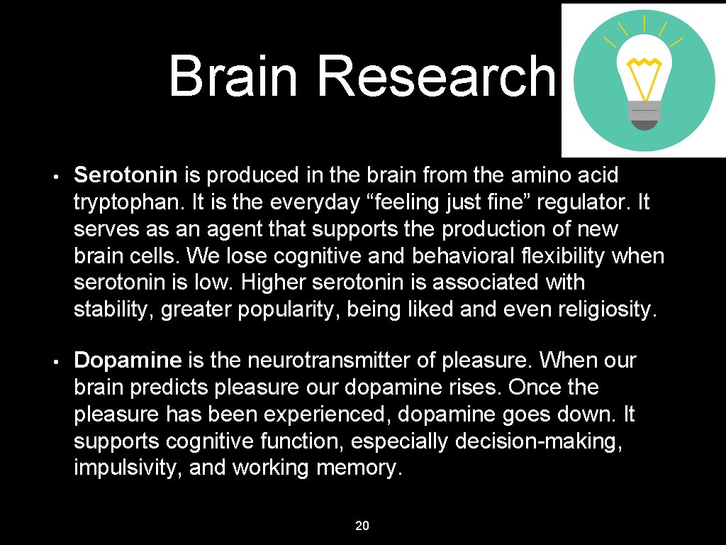 Brain Research • Serotonin is produced in the brain from the amino acid tryptophan.