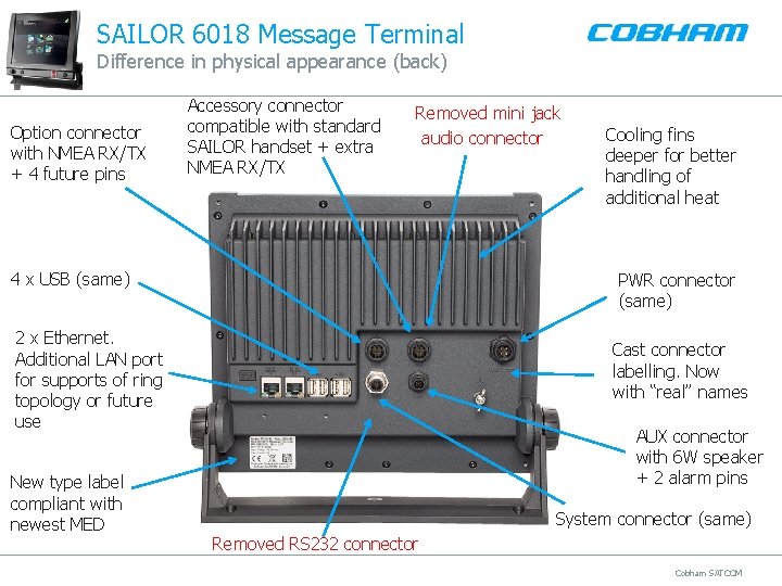 SAILOR 6018 Message Terminal Difference in physical appearance (back) Option connector with NMEA RX/TX