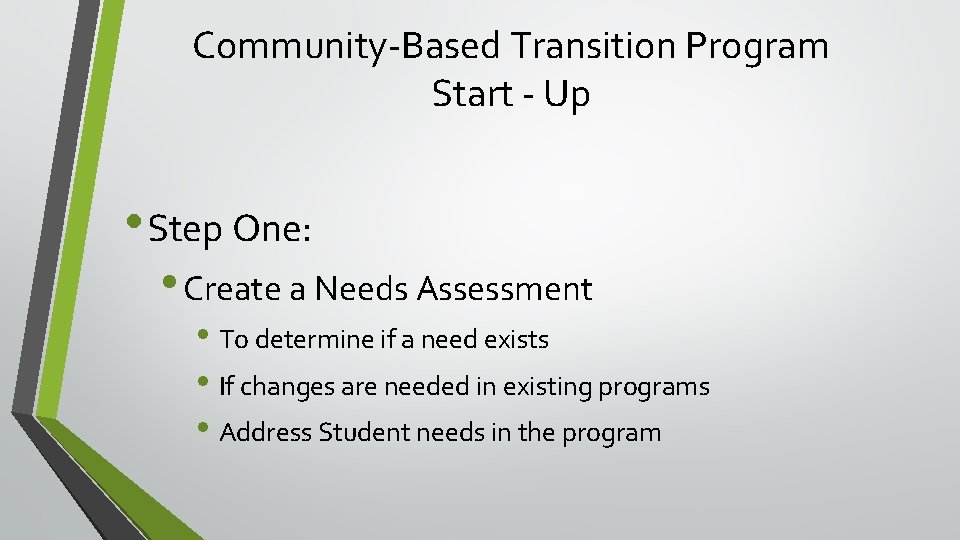 Community-Based Transition Program Start - Up • Step One: • Create a Needs Assessment