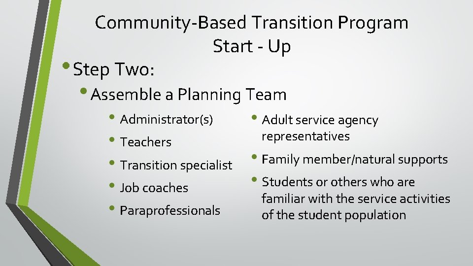Community-Based Transition Program Start - Up • Step Two: • Assemble a Planning Team