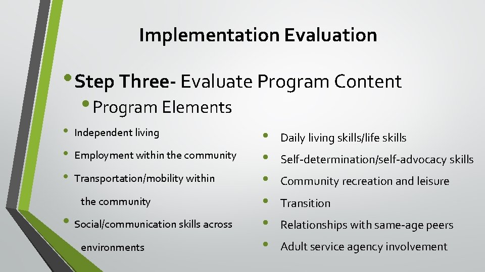 Implementation Evaluation • Step Three- Evaluate Program Content • Program Elements • • •
