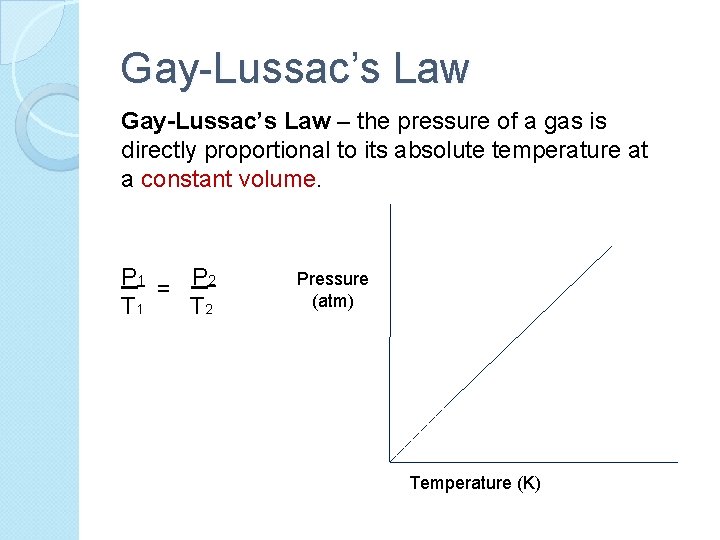 Gay-Lussac’s Law – the pressure of a gas is directly proportional to its absolute