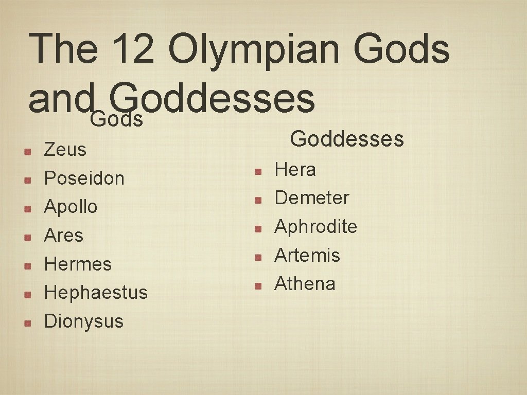 The 12 Olympian Gods and. Gods Goddesses Zeus Poseidon Apollo Ares Hermes Hephaestus Dionysus