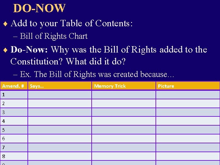 DO-NOW ¨ Add to your Table of Contents: – Bill of Rights Chart ¨