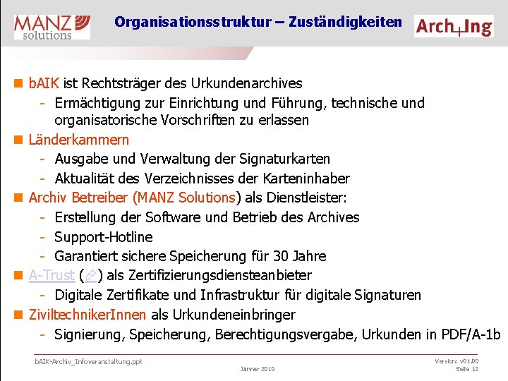 Organisationsstruktur – Zuständigkeiten n b. AIK ist Rechtsträger des Urkundenarchives - Ermächtigung zur Einrichtung