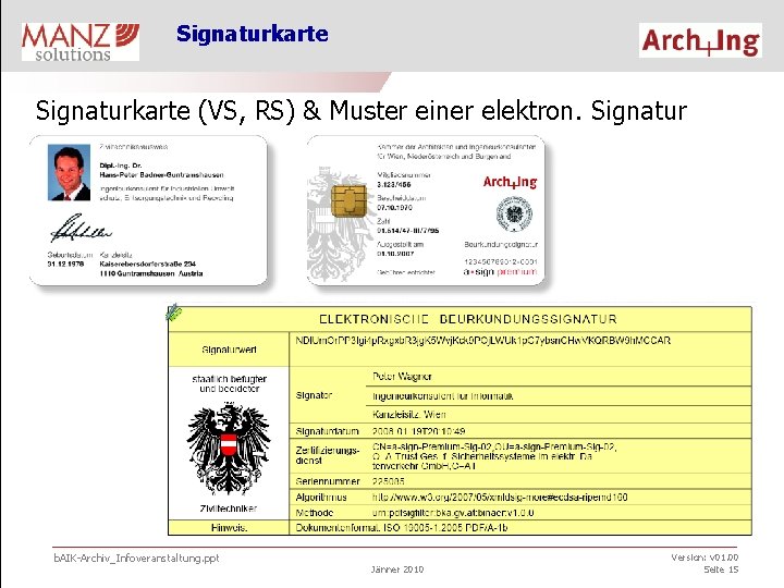 Signaturkarte (VS, RS) & Muster einer elektron. Signatur b. AIK-Archiv_Infoveranstaltung. ppt Jänner 2010 Version: