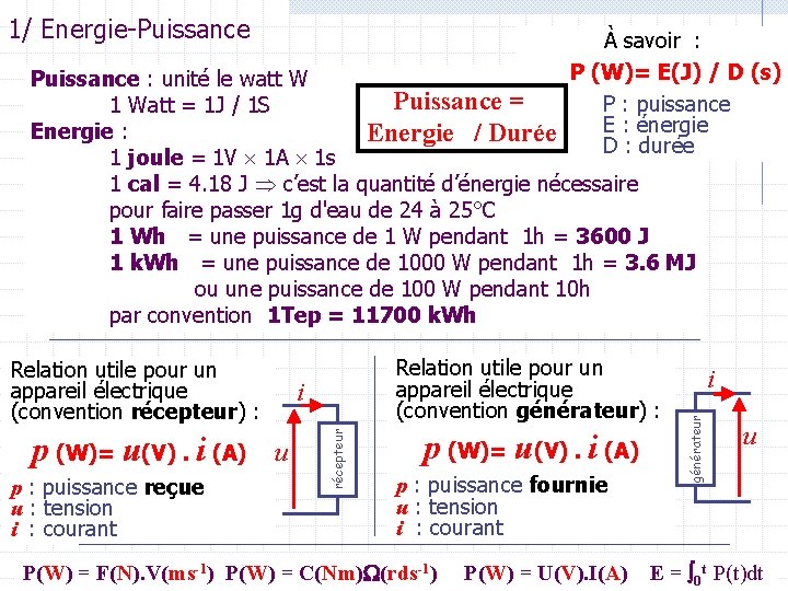 1/ Energie-Puissance À savoir : P (W)= E(J) / D (s) P : puissance