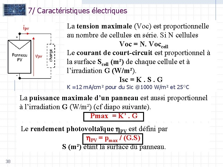 7/ Caractéristiques électriques La tension maximale (Voc) est proportionnelle au nombre de cellules en