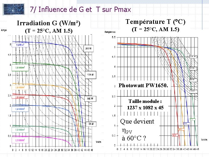 7/ Influence de G et T sur Pmax Irradiation G (W/m²) (T = 25°C,