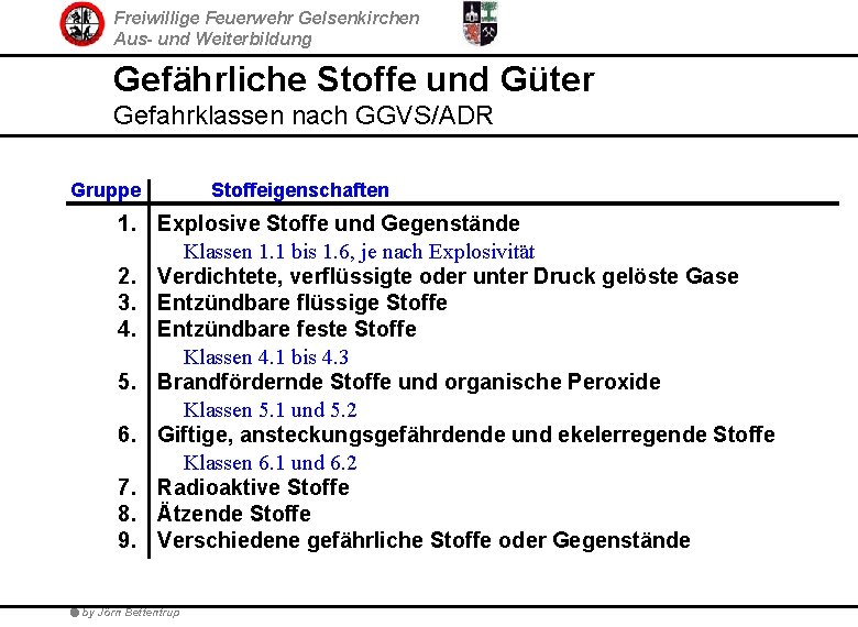 Freiwillige Feuerwehr Gelsenkirchen Aus- und Weiterbildung Gefährliche Stoffe und Güter Gefahrklassen nach GGVS/ADR Gruppe