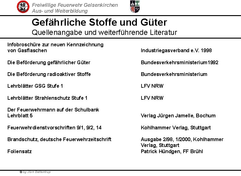 Freiwillige Feuerwehr Gelsenkirchen Aus- und Weiterbildung Gefährliche Stoffe und Güter Quellenangabe und weiterführende Literatur