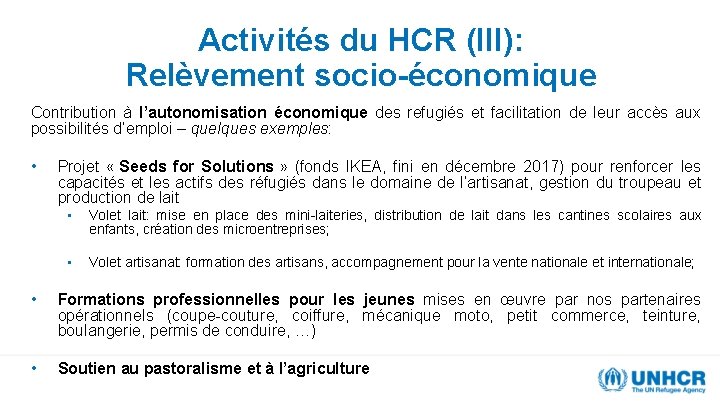 Activités du HCR (III): Relèvement socio-économique Contribution à l’autonomisation économique des refugiés et facilitation