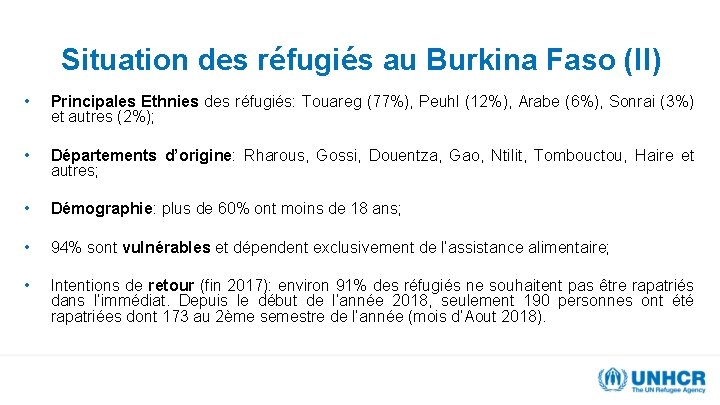 Situation des réfugiés au Burkina Faso (II) • Principales Ethnies des réfugiés: Touareg (77%),