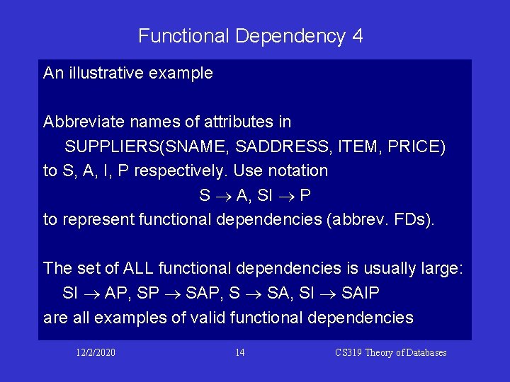 Functional Dependency 4 An illustrative example Abbreviate names of attributes in SUPPLIERS(SNAME, SADDRESS, ITEM, Functional Dependency 4 An illustrative example Abbreviate names of attributes in SUPPLIERS(SNAME, SADDRESS, ITEM,