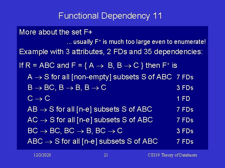 Functional Dependency 11 More about the set F+. . . usually F+ is much