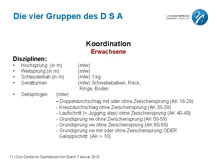 Die vier Gruppen des D S A Koordination Erwachsene Disziplinen: • • Hochsprung (in