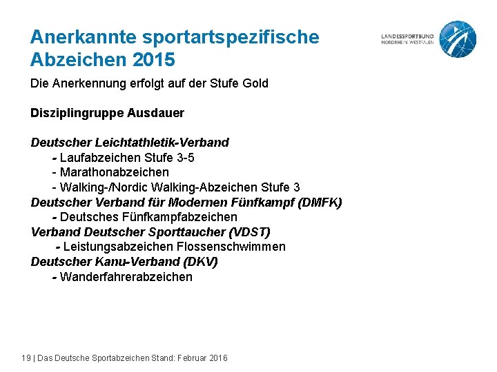 Anerkannte sportartspezifische Abzeichen 2015 Die Anerkennung erfolgt auf der Stufe Gold Disziplingruppe Ausdauer Deutscher
