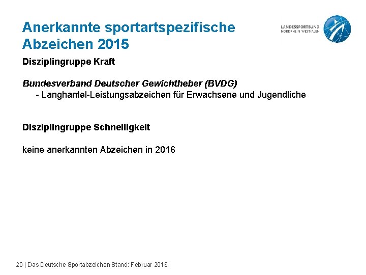 Anerkannte sportartspezifische Abzeichen 2015 Disziplingruppe Kraft Bundesverband Deutscher Gewichtheber (BVDG) - Langhantel-Leistungsabzeichen für Erwachsene