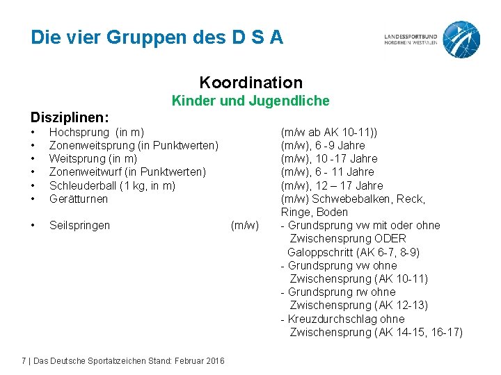 Die vier Gruppen des D S A Koordination Kinder und Jugendliche Disziplinen: • •