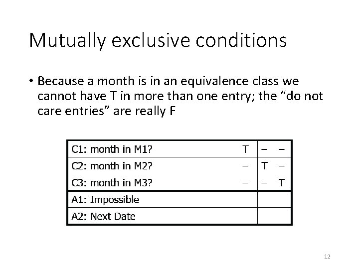 Mutually exclusive conditions • Because a month is in an equivalence class we cannot