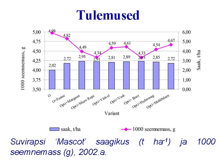 Tulemused Suvirapsi ‘Mascot’ saagikus seemnemass (g), 2002. a. (t ha-1) ja 1000 