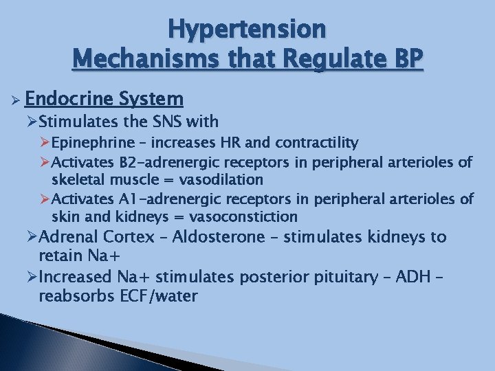 Hypertension Mechanisms that Regulate BP Ø Endocrine System ØStimulates the SNS with Ø Epinephrine