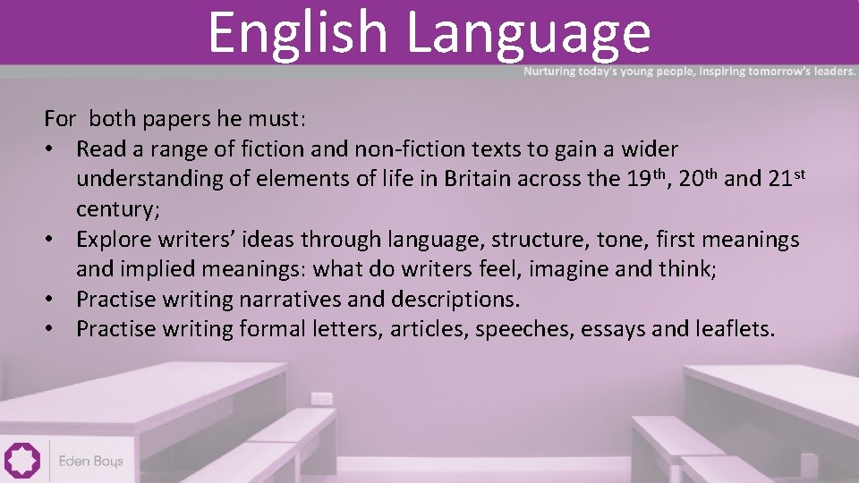 English Language For both papers he must: • Read a range of fiction and
