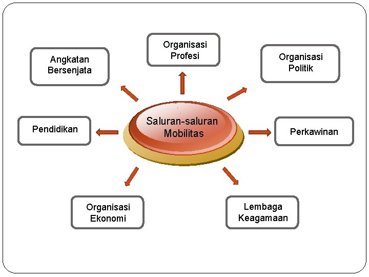 Angkatan Bersenjata Organisasi Profesi Organisasi Politik Saluran-saluran Mobilitas Pendidikan Organisasi Ekonomi Perkawinan Lembaga Keagamaan