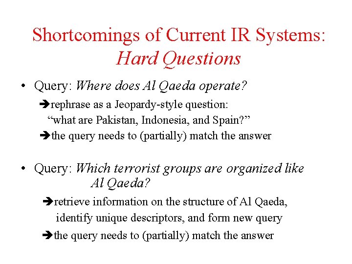 Shortcomings of Current IR Systems: Hard Questions • Query: Where does Al Qaeda operate?