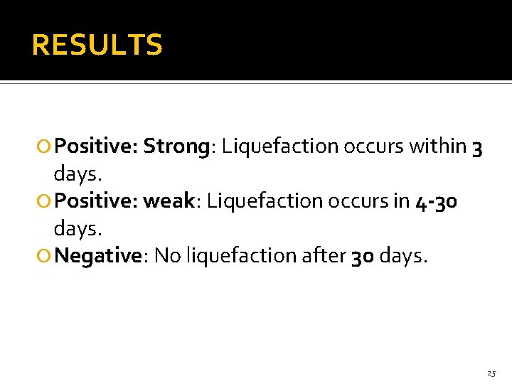 RESULTS Positive: Strong Liquefaction occurs within 3 days. Positive: weak Liquefaction occurs in 4