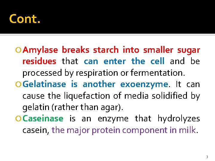 Cont. Amylase breaks starch into smaller sugar residues that can enter the cell and