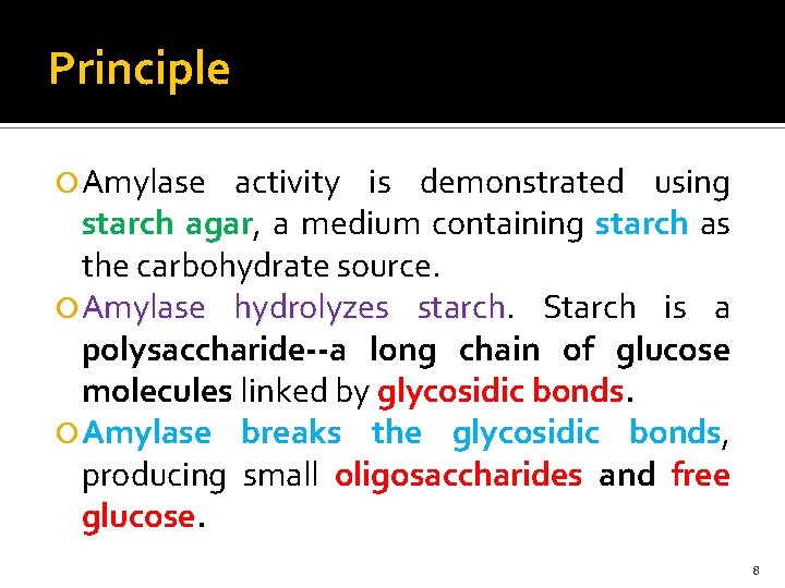 Principle Amylase activity is demonstrated using starch agar, a medium containing starch as the