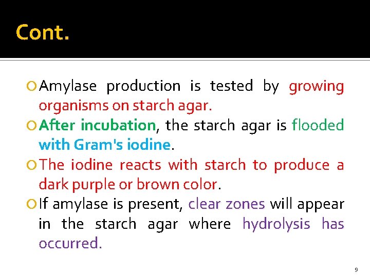 Cont. Amylase production is tested by growing organisms on starch agar. After incubation, the