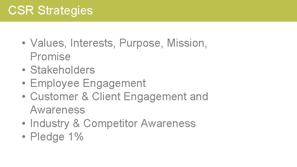 CSR Strategies • Values, Interests, Purpose, Mission, Promise • Stakeholders • Employee Engagement •