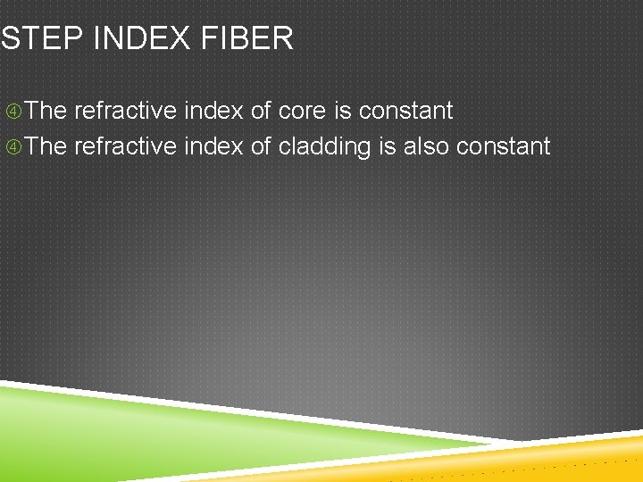 STEP INDEX FIBER The refractive index of core is constant The refractive index of