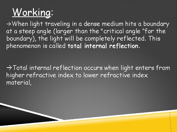 Working: When light traveling in a dense medium hits a boundary at a steep