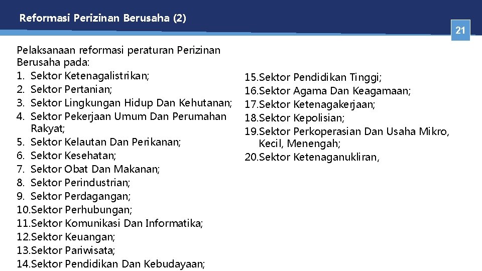 Reformasi Perizinan Berusaha (2) 21 Pelaksanaan reformasi peraturan Perizinan Berusaha pada: 1. Sektor Ketenagalistrikan;