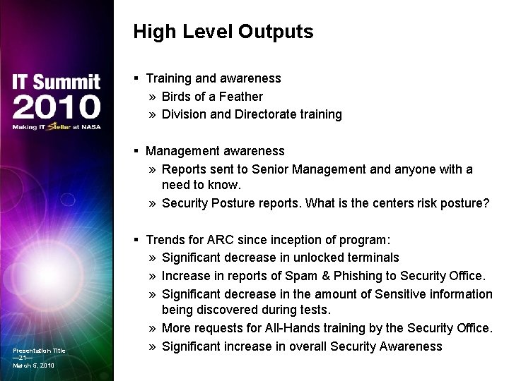 High Level Outputs Training and awareness » Birds of a Feather » Division and