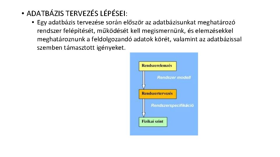  • ADATBÁZIS TERVEZÉS LÉPÉSEI: • Egy adatbázis tervezése során először az adatbázisunkat meghatározó