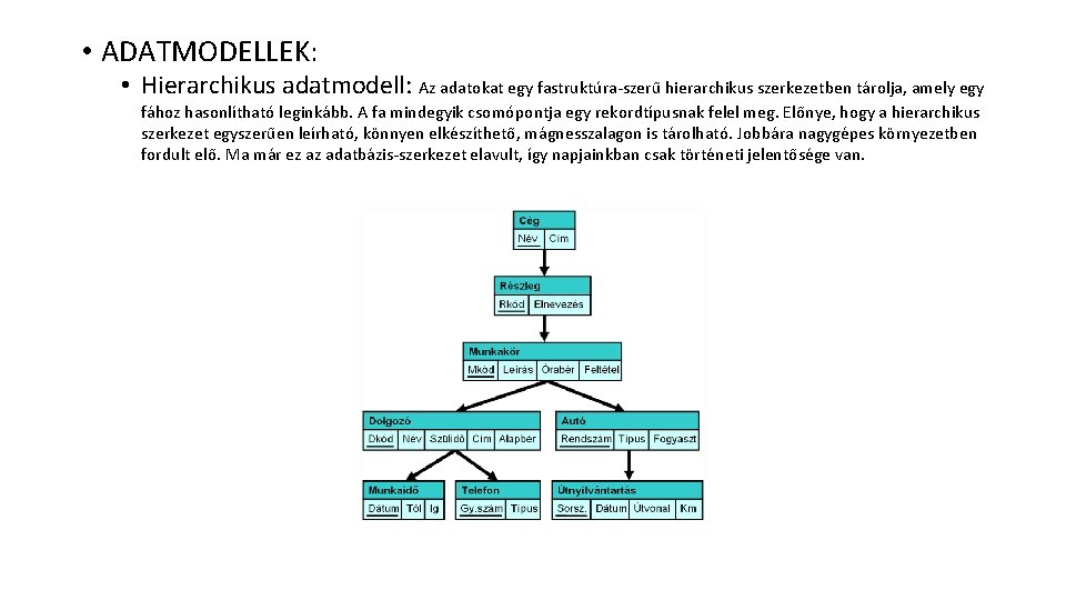  • ADATMODELLEK: • Hierarchikus adatmodell: Az adatokat egy fastruktúra-szerű hierarchikus szerkezetben tárolja, amely