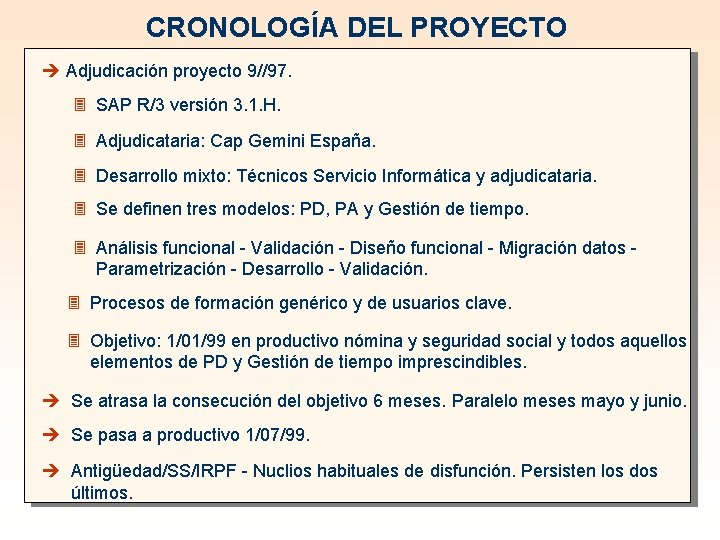 CRONOLOGÍA DEL PROYECTO è Adjudicación proyecto 9//97. 3 SAP R/3 versión 3. 1. H.