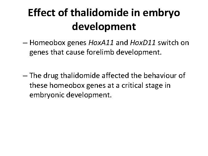 Effect of thalidomide in embryo development – Homeobox genes Hox. A 11 and Hox.
