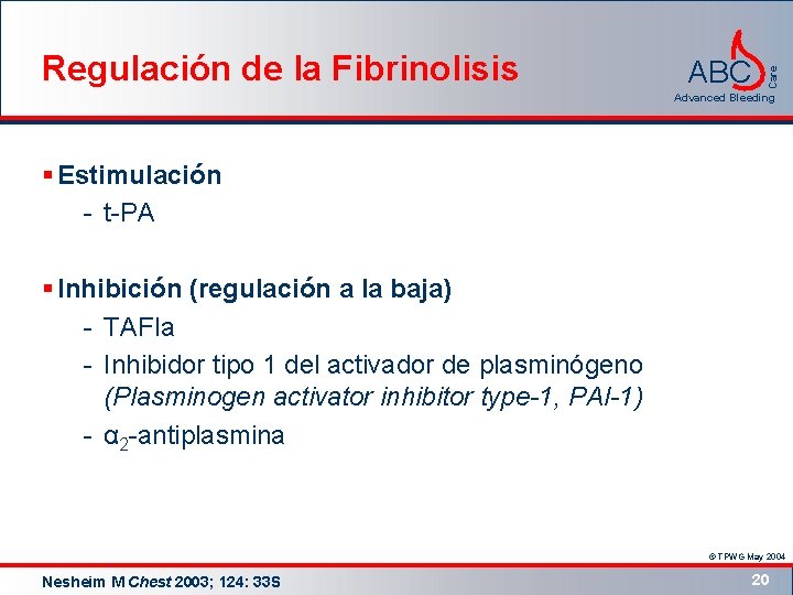 ABC Care Regulación de la Fibrinolisis Advanced Bleeding § Estimulación - t-PA § Inhibición