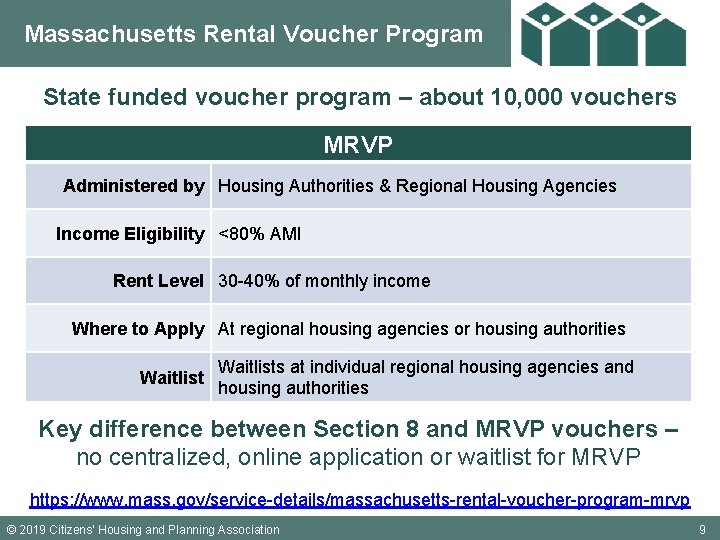 Massachusetts Rental Voucher Program State funded voucher program – about 10, 000 vouchers MRVP