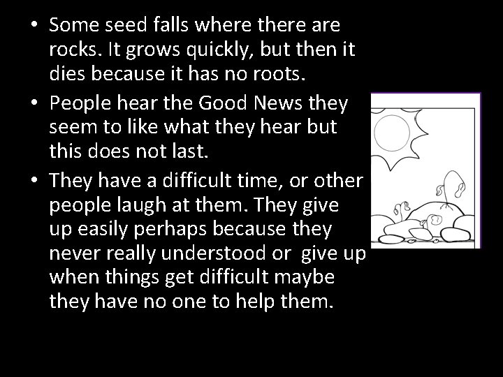  • Some seed falls where there are rocks. It grows quickly, but then