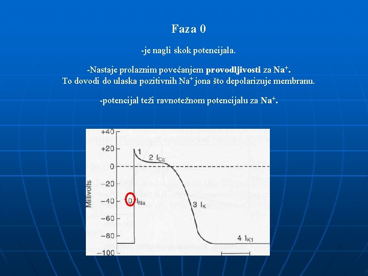 Faza 0 -je nagli skok potencijala. -Nastaje prolaznim povećanjem provodljivosti za Na+. To dovodi