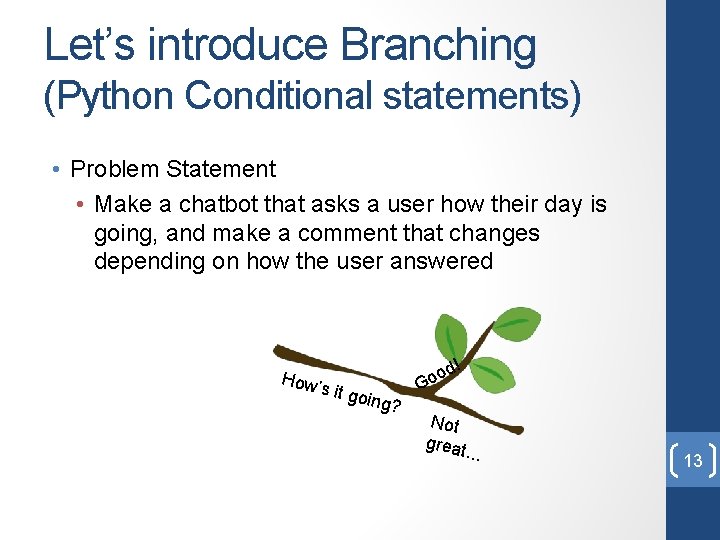 Let’s introduce Branching (Python Conditional statements) • Problem Statement • Make a chatbot that