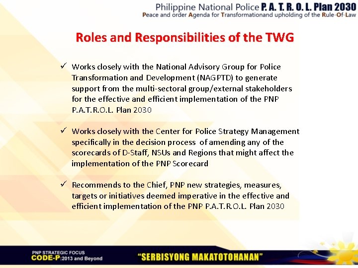 Roles and Responsibilities of the TWG ü Works closely with the National Advisory Group