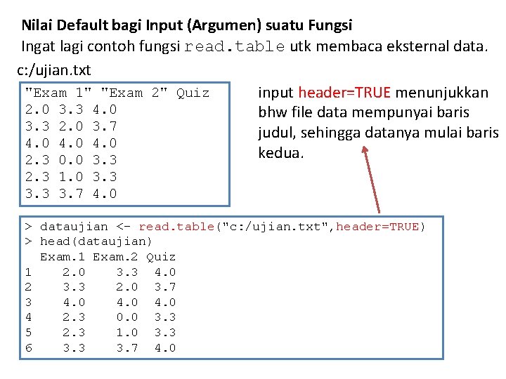Nilai Default bagi Input (Argumen) suatu Fungsi Ingat lagi contoh fungsi read. table utk